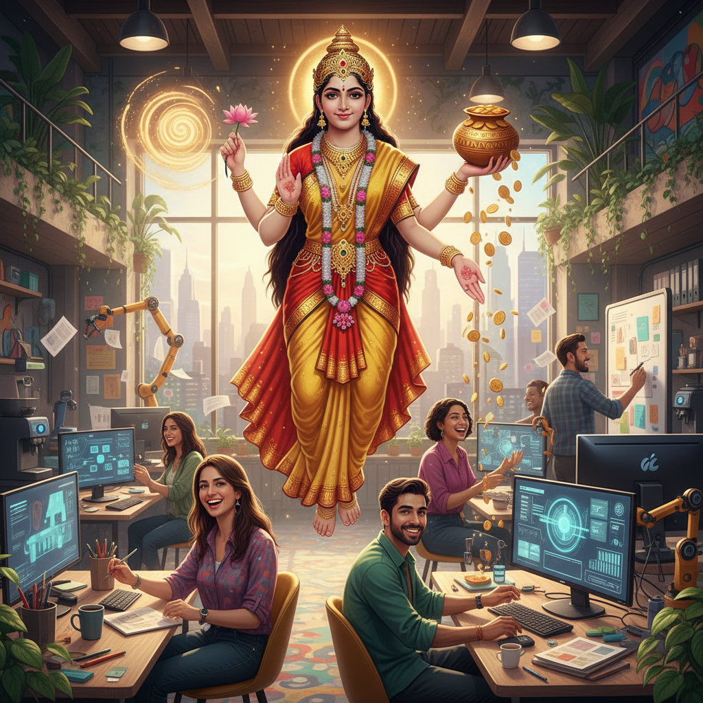 Goddess Lakshmi blessing a high-tech office filled with people working at computers.