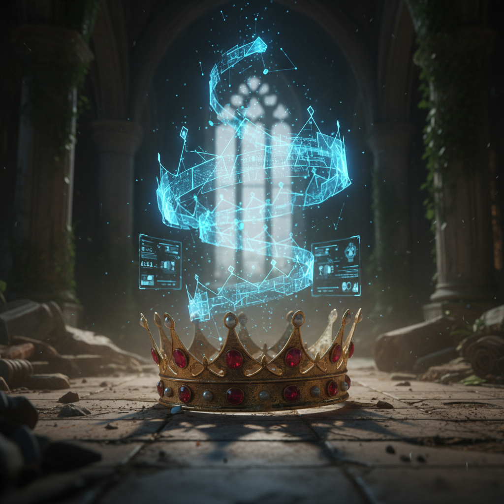 A gold crown with red jewels sits on a stone floor beneath a blue holographic projection.