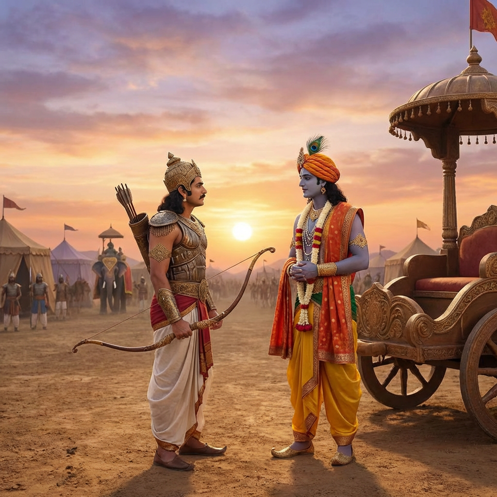 Lord Krishna and Arjuna talking on the Kurukshetra battlefield beside a golden chariot.