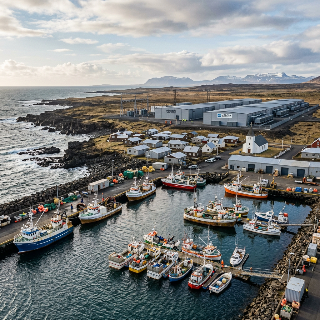 Fishing boats docked in a small harbor near village houses and industrial warehouses on a rocky coastline