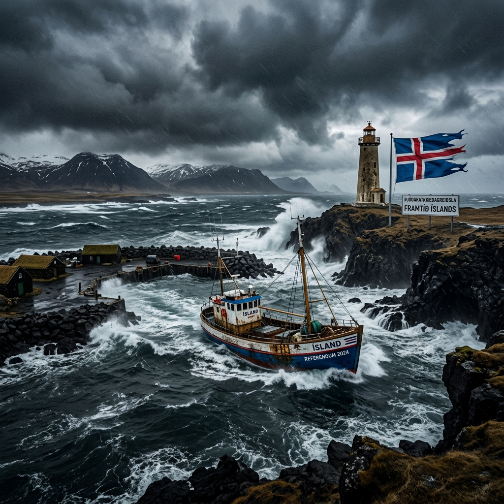 Fishing boat labeled ISLAND in rough waters near lighthouse with Icelandic flag and sign