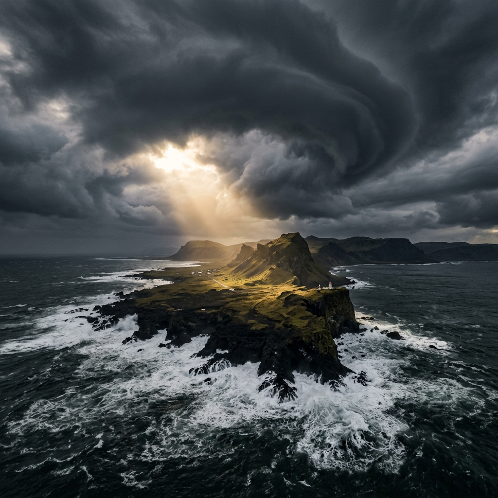 Coastal cliffs with sunlight shining through dark storm clouds and rough ocean waves