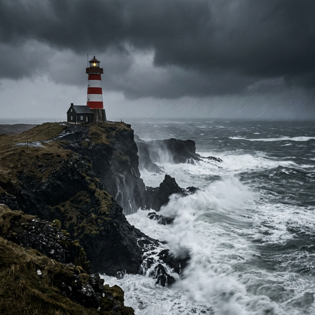 Red and white striped lighthouse on rocky cliff with turbulent ocean under dark stormy sky