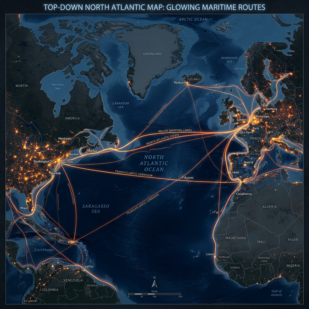 Map of North Atlantic Ocean showing glowing maritime shipping routes between North America, Europe, and Africa