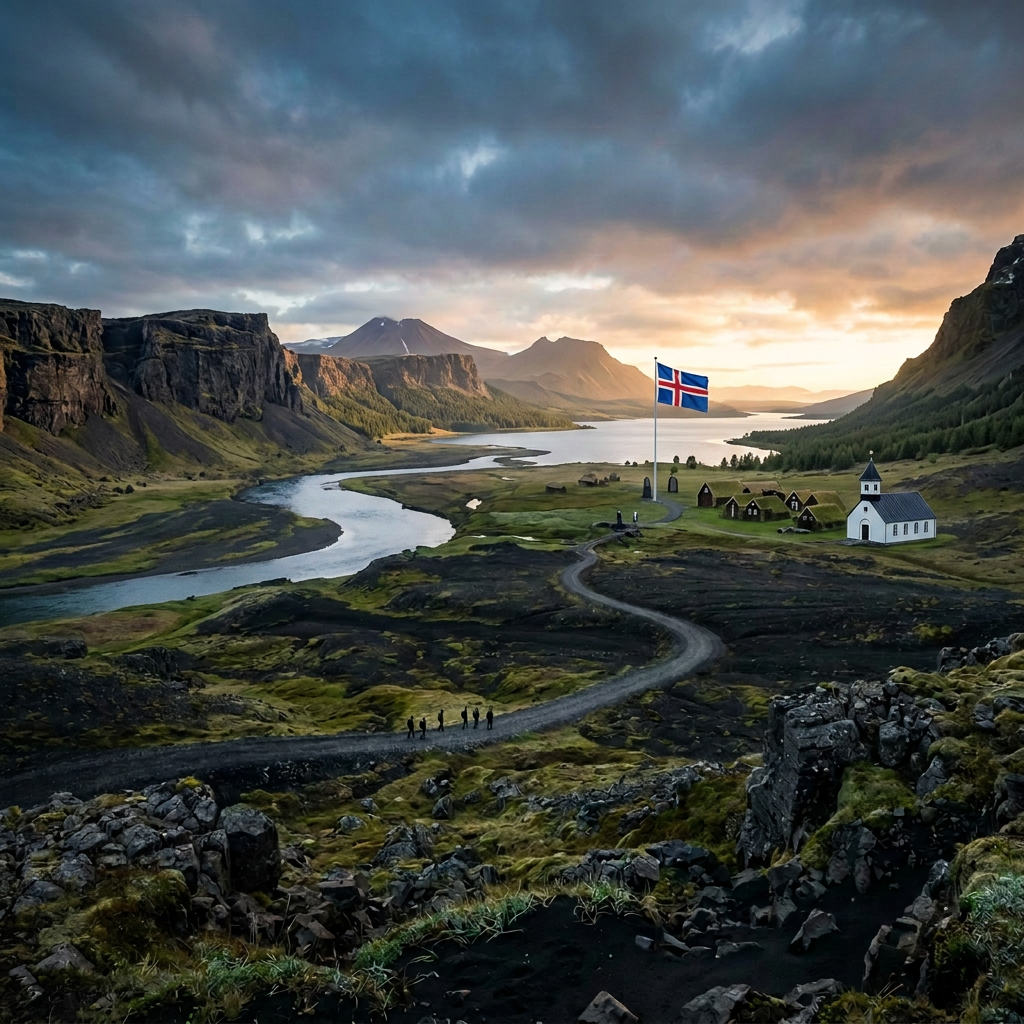 Winding river and road through Icelandic valley beneath snow-dusted mountains